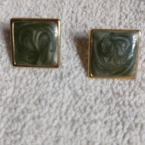 Goldtone green marble square post earrings